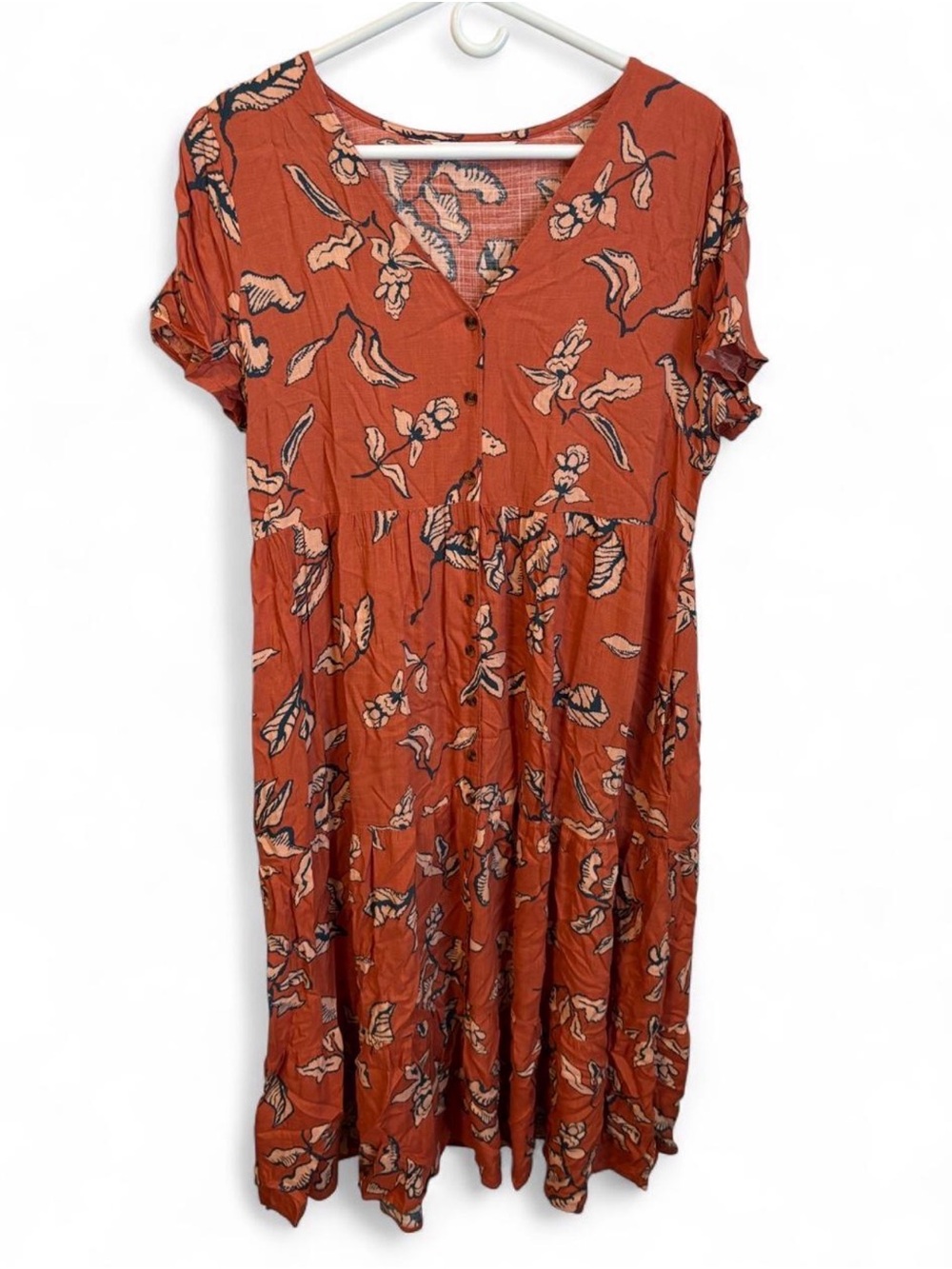 Sonoma Goods For Life Rust Orange Floral Button Front Tiered Midi Dress L